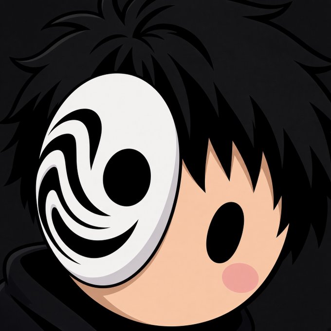 A close-up cartoon illustration of a character with shaggy black hair and a simple face, where one side is covered by a white mask featuring a black swirl pattern reminiscent of an Obito Uchiha mask design.