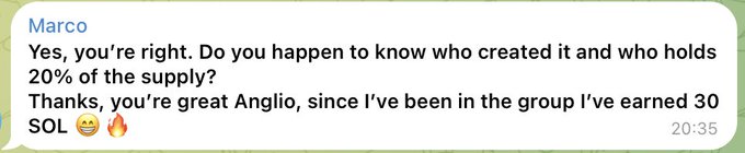 The image shows a Telegram message from "Marco" asking who created an unnamed project and who holds 20% of its supply, while expressing gratitude and noting he has earned 30 SOL since joining the group. This aligns with the accompanying post highlighting a newcomer who quickly made 30 SOL in @TheFloorFyi, serving as an example of the group's profitability.
