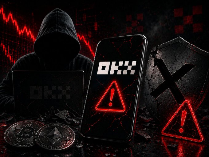 The image depicts a hooded figure in front of a laptop displaying the "OKX" logo, alongside a smartphone with the same logo and a warning symbol, and a cracked shield with an "X" on it. This visually represents the negative sentiment and warnings associated with the OKX cryptocurrency exchange.