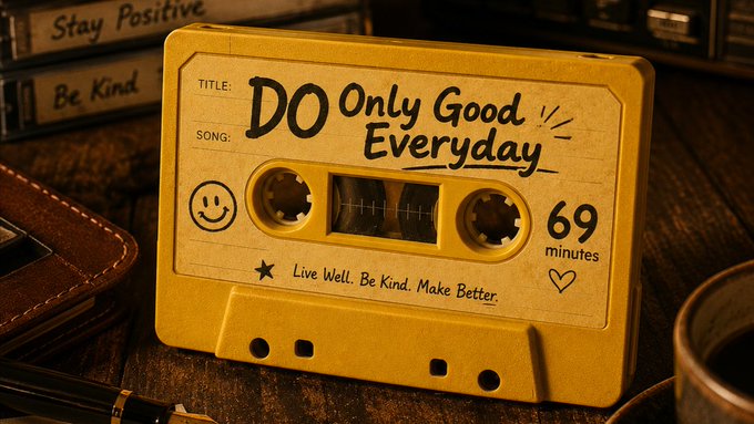The image features a yellow cassette tape with the text "Do Only Good Everyday" written on it, sitting on top of a wooden table or desk. The tape appears to be in good condition, suggesting that it has been well-used over time. In addition to the cassette tape, there are other items present in the scene such as a cup and a pen lying nearby.