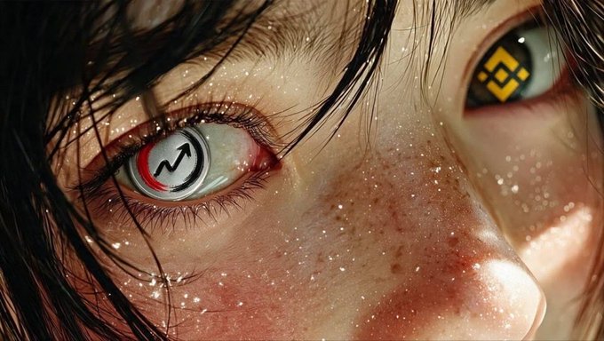 An extreme close-up of a person's face featuring freckles and red eyes, where the irises display cryptocurrency logos, specifically Polkadot in the left eye and Binance Coin (BNB) in the right.