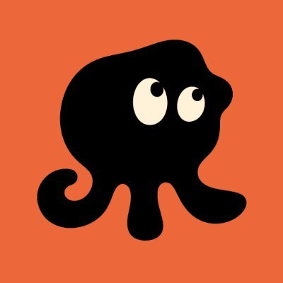 A cartoon black octopus with large cartoonish eyes sits against a solid orange background. The image's playful mascot style complements the post's whimsical tone about a project rapidly checking off various crypto trends at once, with the multi-tentacled creature humorously suggesting something trying to grab onto every new idea.