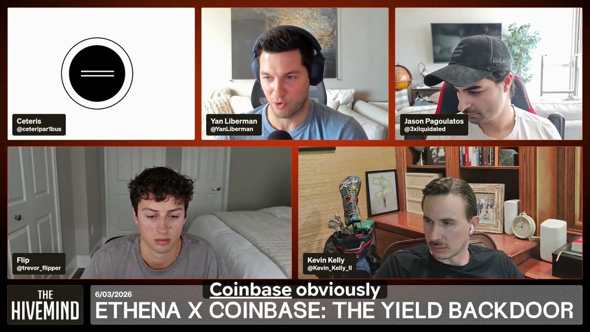 The image shows a group of five men sitting around a table, with one man speaking into a microphone while others look on. The background features a white wall with a clock displaying the time as 12:30 pm. A banner above them reads "Coinbase probably will become a major distribution channel for Ethena".