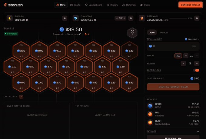The satrush mining dashboard displays a Block 512 hexagonal grid with various reward amounts, alongside sat strike ($814.39), epoch vault ($2,297.01), and auto-miner settings for USDC, BTC, and RUSH rewards.
