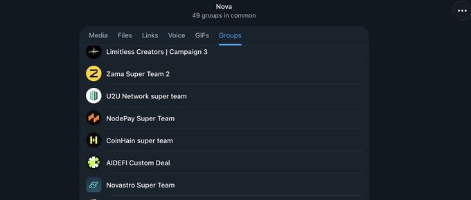 A dark-themed menu interface shows a list of 'Groups' in common under a 'Nova' profile, including 'Limitless Creators | Campaign 3', 'Zama Super Team 2', 'U2U Network super team', and 'NodePay Super Team'.