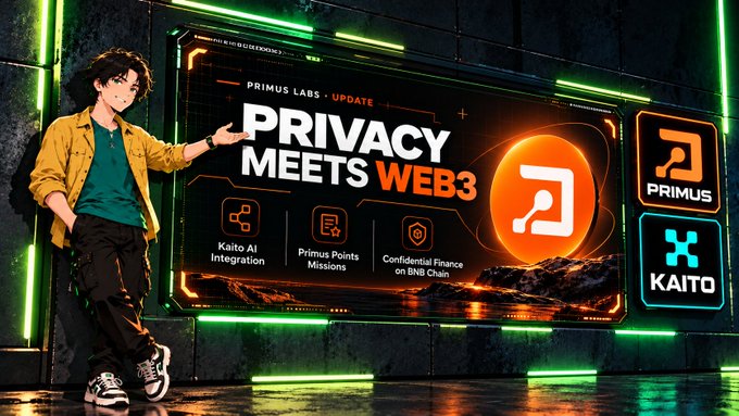 A promotional banner titled 'PRIVACY MEETS WEB3' for Primus Labs, featuring an anime-style character and logos for Primus and Kaito, advertising Kaito AI Integration, Primus Points Missions, and Confidential Finance on BNB Chain.