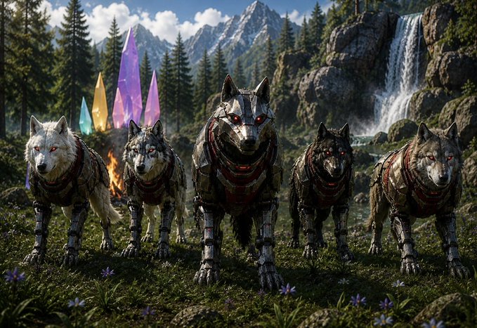 A fantasy digital artwork depicting five armored wolves with glowing red eyes standing in a forest landscape, with colorful crystal spires and a waterfall in the background.