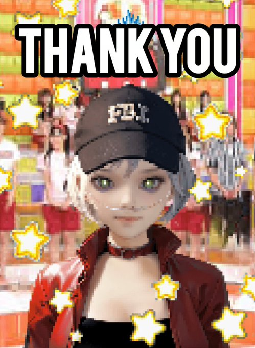 A digital/animated character with blue hair wearing a cap labeled 'FLK' and a red jacket, with 'THANK YOU' text and yellow stars overlaid on a colorful background.
