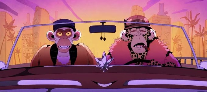 An animated scene shows two animal characters riding in a car against a colorful pink-and-purple city backdrop.