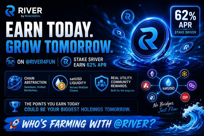 The image features an eye-catching advertisement for Bitcoin, with a large blue water droplet surrounding a cryptocurrency token. The text promotes the idea of earning points by mining or staking the token at 62% APR through @River4fun. The poster also suggests that those who use the platform to mine or stake will receive immediate rewards based on their efforts, adding an element of excitement to the process. Additionally, it outlines a few strategies for maximizing the gains from cryptocurrency investments, including exploring chain abstraction and leveraging satUSD liquidity across chains.