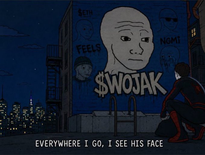 A Wojak-style meme illustration showing a figure looking at a graffiti mural of a bald Wojak head tagged '$WOJAK' with the caption 'EVERYWHERE I GO, I SEE HIS FACE'.