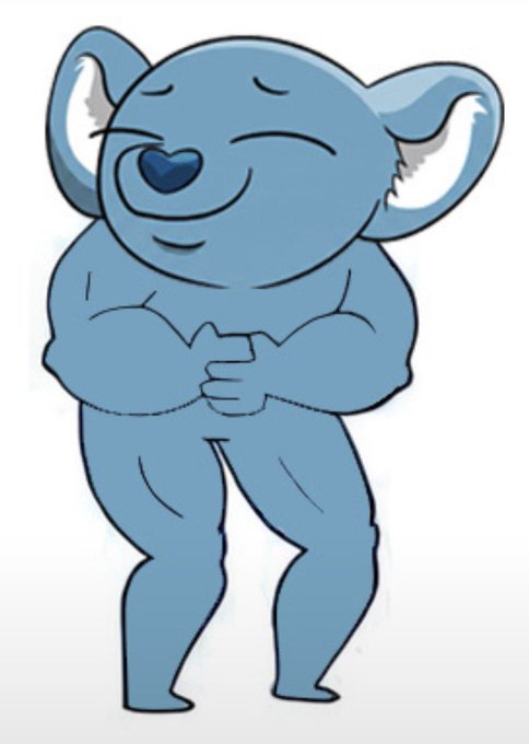 A cartoon illustration of a blue koala with a heart-shaped nose, standing with hands clasped and eyes closed in a content expression.