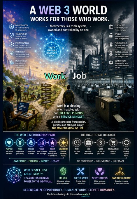 An infographic titled 'A WEB 3 WORLD WORKS FOR THOSE WHO WORK' contrasts 'Work' with 'Job,' outlining 'THE WEB 3 MERITOCRACY PATH' versus 'THE TRADITIONAL JOB CYCLE' with various bullet points and concluding with the phrase 'DECENTRALIZE OPPORTUNITY. HUMANIZE WORK. ELEVATE HUMANITY.'