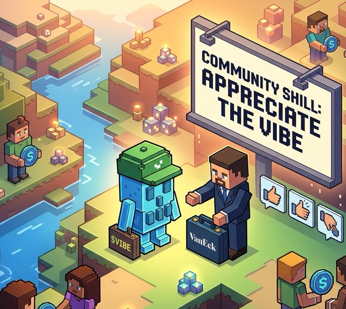 A Minecraft-style illustration featuring a VanEck character and a '$VIBE' creature beneath a sign reading 'COMMUNITY SHILL: APPRECIATE THE VIBE'.