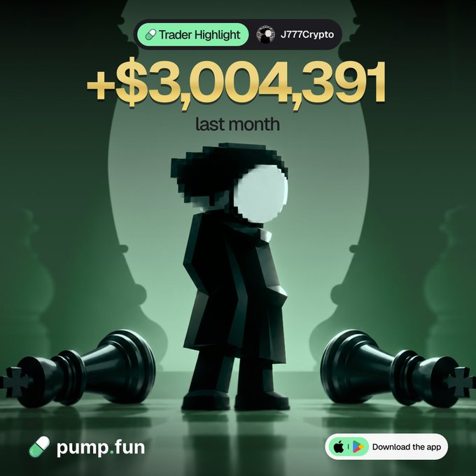 A stylized graphic highlights trader J777Crypto's Pump.Fun achievement with the bold figure "+$3,004,391 last month," featuring a pixelated figure in a suit flanked by chess pieces, visually reinforcing the caption's brag about dominating the trading scene.