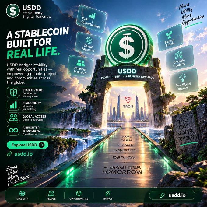 An advertisement for USDD stablecoin featuring a fantasy landscape with waterfalls and a glowing coin, promoting features like 'STABLE VALUE', 'REAL UTILITY', 'GLOBAL ACCESS' and 'A BRIGHTER TOMORROW' on the TRON blockchain.