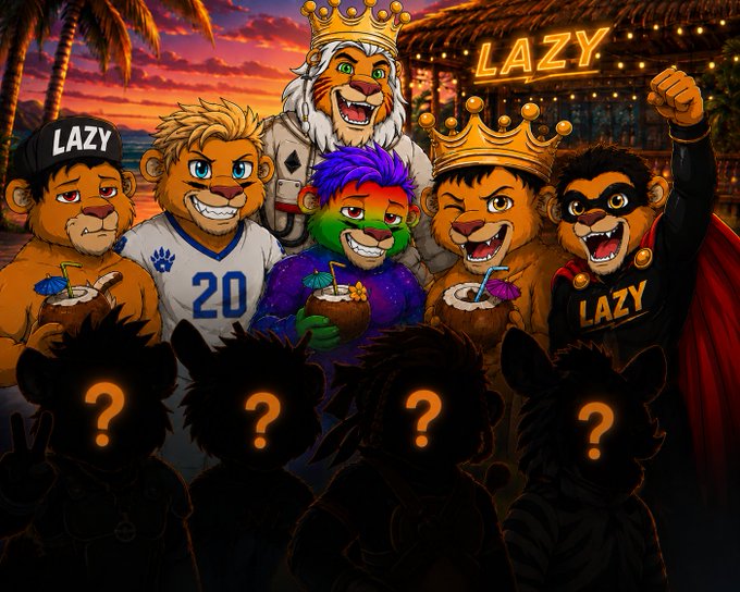 A vibrant illustration of anthropomorphic lion characters in various outfits (including jerseys and crowns) at a beachside 'LAZY' bar, with four silhouetted figures marked with question marks in the foreground.
