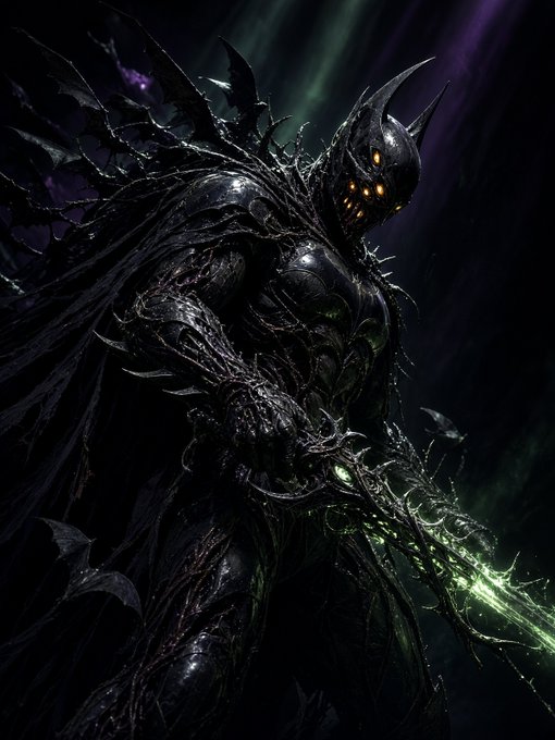 Dark fantasy artwork depicting a menacing armored figure with bat-like wings, glowing orange eyes, and a skull face, wielding a glowing green weapon.