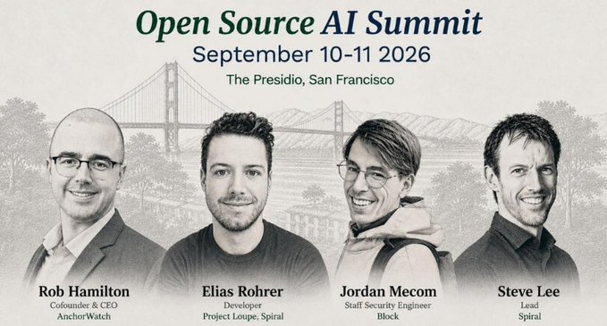 The image is a promotional graphic for the **Open Source AI Summit**, held **September 10–11, 2026**, at **The Presidio, San Francisco**. It features panelists **Rob Hamilton** of AnchorWatch, **Elias Rohrer** of Project Loupe/Spiral, **Jordan Mecom** of Block, and **Steve Lee** of Spiral, reflecting the post’s announcement about their panel on securing open-source software in an AI future.