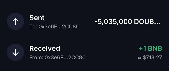 A crypto wallet transaction history shows a Sent transaction of -5,035,000 DOUB tokens to address 0x3e6E...2CC8C and a Received transaction of +1 BNB (~$713.27) from the same address, illustrating a $DOUBAO token purchase via BNB Chain as advertised in the accompanying presale announcement.