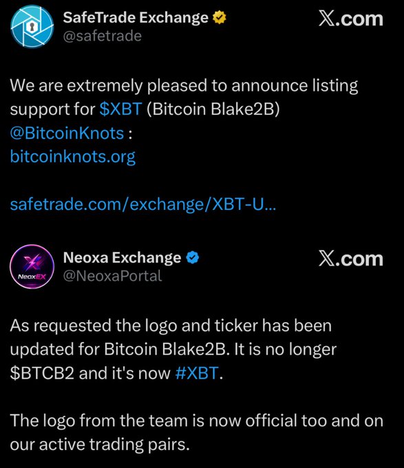 The image shows two X.com posts: SafeTrade Exchange (@safetrade) announcing listing support for $XBT (Bitcoin Blake2B), and Neoxa Exchange (@NeoxaPortal) confirming the ticker update from $BTCB2 to #XBT for Bitcoin Blake2B, with both posts visually supporting the caption's claim that XBT has become the consensus ticker symbol for Bitcoin-Blake2B.