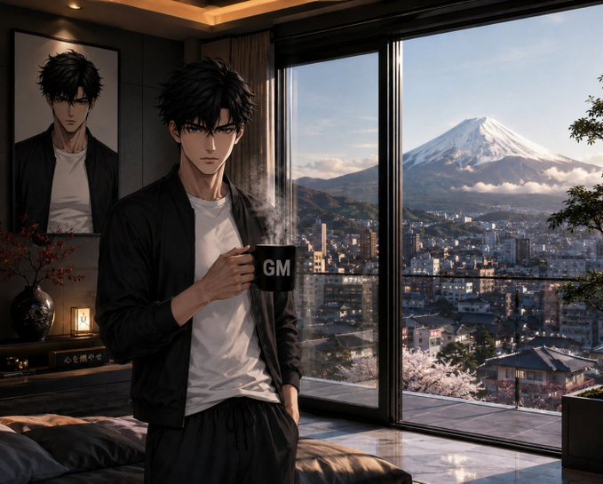 An anime-style illustration of a dark-haired young man in a black jacket holding a steaming mug labeled 'GM', standing by a window with a view of Mount Fuji.