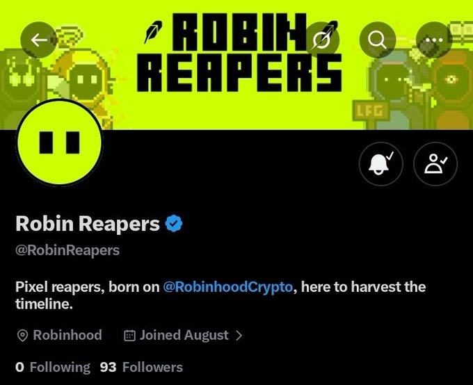 A Twitter profile page for 'Robin Reapers' (@RobinReapers), described as 'Pixel reapers, born on @RobinhoodCrypto, here to harvest the timeline,' with 93 followers.