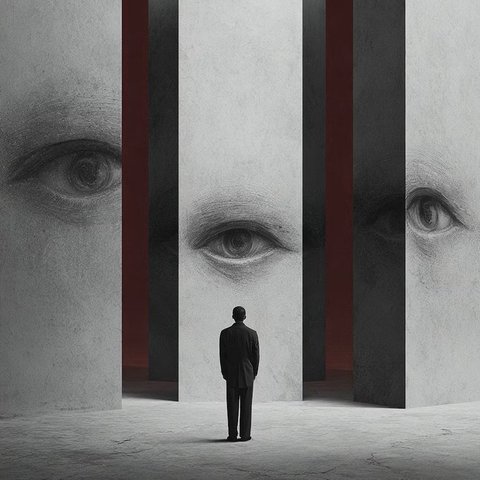 A lone figure stands before towering walls painted with massive, watchful eyes that seem to scrutinize from every direction, evoking themes of conformity and self-perception that align with the caption's message of authentic individuality despite external judgment.