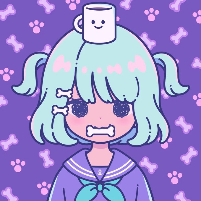 A chibi-style anime illustration of a girl with mint green twin tails, a white mug with a smiley face on her head, and bone-themed details against a purple background with paw prints and bones.