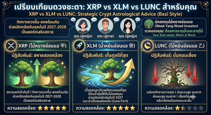 An infographic titled 'XRP vs XLM vs LUNC: Strategic Crypt Astrological Advice (Bazi Style)' comparing the three cryptocurrencies with Thai text and star ratings.