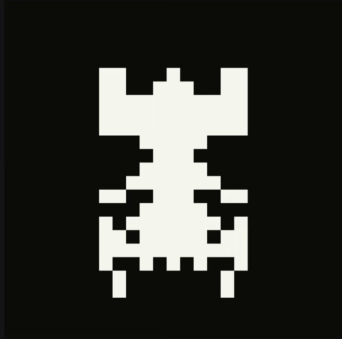 A white pixel art skull or alien-like figure with horns on a solid black background, likely a Space Invaders-inspired design.