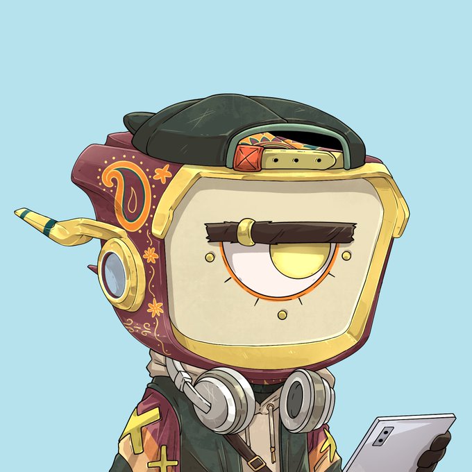 An illustration of a quirky, steampunk-style robot character with a screen-like face displaying one yellow eye, wearing a black cap and headphones around its neck, and holding a tablet.