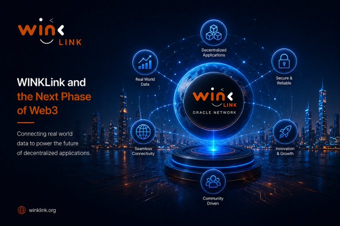 Promotional graphic for WINkLink oracle network, titled 'WINkLink and the Next Phase of Web3' with the tagline 'Connecting real world data to power the future of decentralized applications.' It highlights features like Decentralized Applications, Real World Data, Secure & Reliable, Seamless Connectivity, Innovation & Growth, and Community Driven, with the website winklink.org.