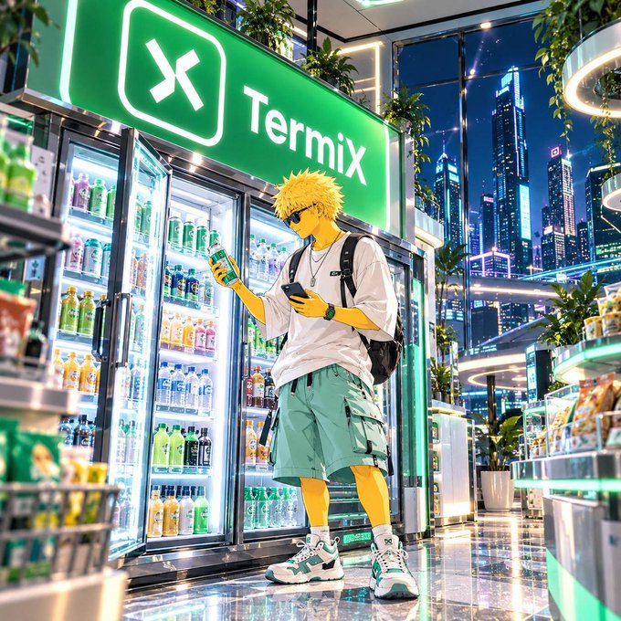An anime-style illustration shows a character looking at a phone in front of a 'Termix' branded beverage cooler in a modern store.
