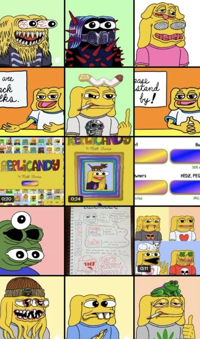 A grid of cartoon meme images featuring distorted dog-like characters with various expressions and outfits, including references to 'RELICANDY'.