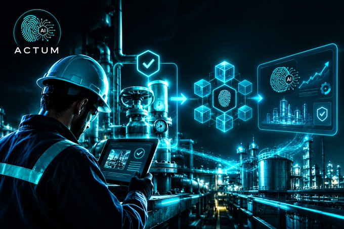 A futuristic industrial AI graphic branded 'ACTUM', depicting a worker in a hard hat using a tablet alongside holographic blockchain cubes, fingerprint icons, and industrial monitoring displays.