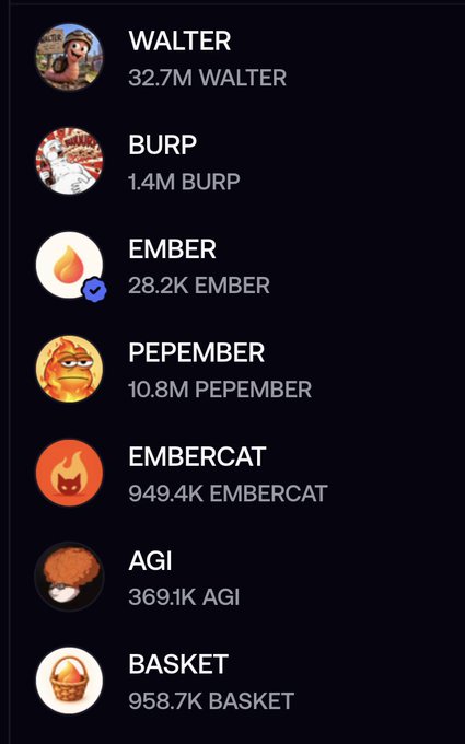 A list of cryptocurrency tokens including WALTER (32.7M), BURP (1.4M), EMBER (28.2K with a verified checkmark), PEPEMBER (10.8M), EMBERCAT (949.4K), AGI (369.1K), and BASKET (958.7K).