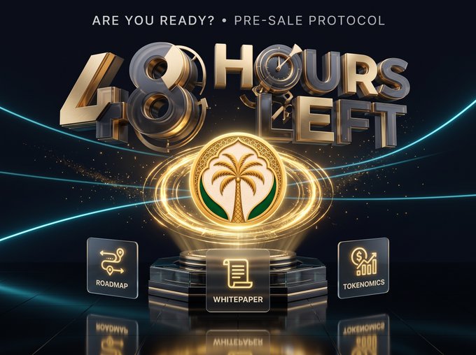 A promotional graphic displays "ARE YOU READY? • PRE-SALE PROTOCOL" and "48 HOURS LEFT" in large gold metallic lettering, alongside a glowing golden emblem featuring a palm tree and navigation buttons for "ROADMAP," "WHITEPAPER," and "TOKENOMICS." The image relates to the post by visually emphasizing the 48-hour countdown to the start of a pre-sale event, during which the user is waiting to make a purchase.