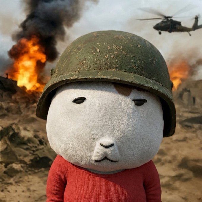 A cartoon llama mascot wearing a battle-worn military helmet stares stoically into the distance, set against a war-torn backdrop of explosions and a military helicopter. The image humorously conveys the gritty, high-risk nature of trading Solana ("the trenches"), portraying the mascot as a battle-hardened soldier surviving the chaos of the market.