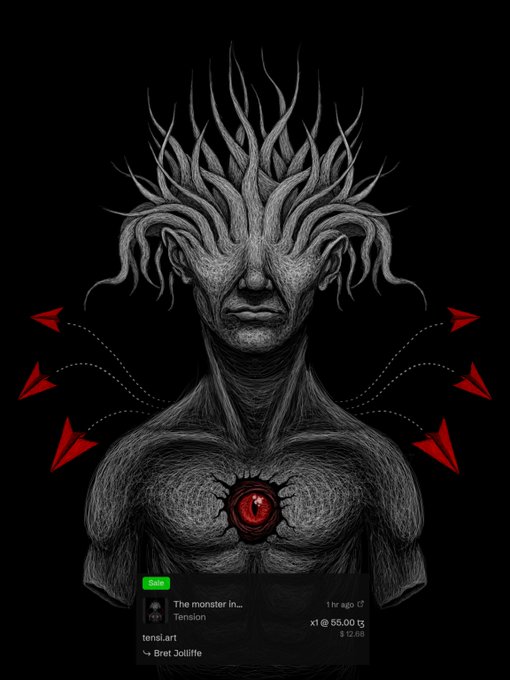 A haunting black-and-white digital illustration of a tentacled, Medusa-like humanoid figure with a glowing red eye on its chest, surrounded by floating red arrow-like symbols, overlaid with a Solana listing that reads "The monster in..." by "tensi.art," shown sold for 55.00 to Bret Jolliffe, which aligns with the post announcing the artwork's sale to @mrbretjolliffe and its availability on the secondary market.