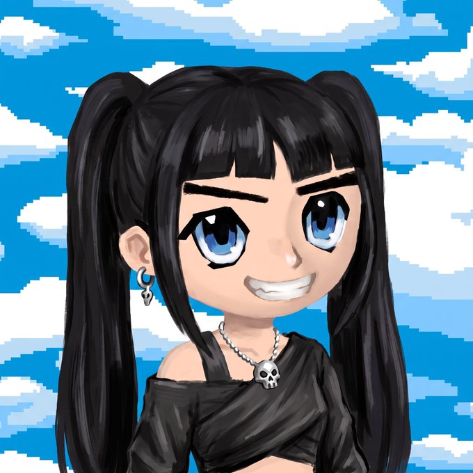 A pixel-art style illustration of a smiling anime girl with black twin tails, blue eyes, and a skull pendant necklace, set against a bright blue sky with pixelated clouds. The image serves as an avatar or mascot for the post celebrating Monday and thanking community members for 1/1 support and whitelist allocations.