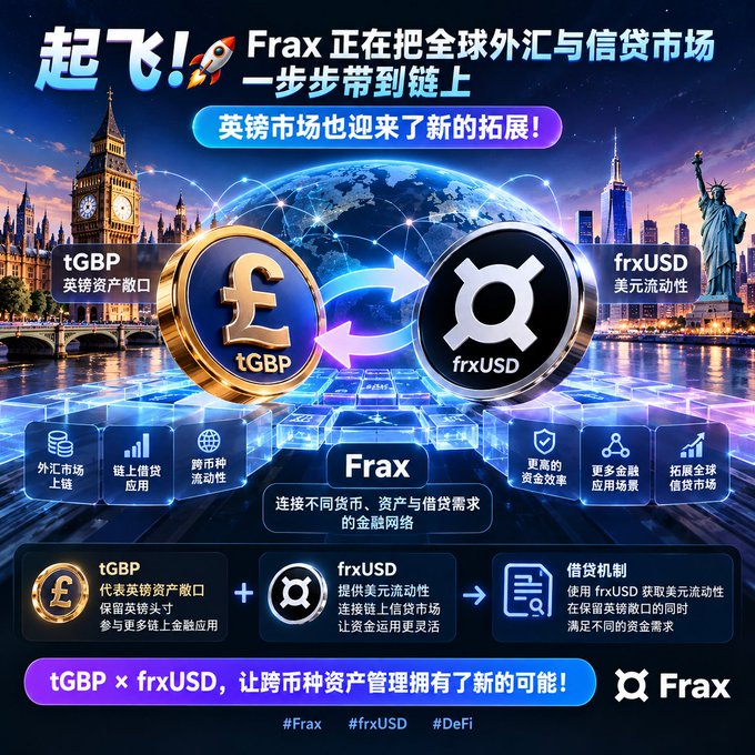 Frax (FRX) promotional graphic in Chinese announcing that Frax is bringing global forex and credit markets on-chain, specifically highlighting the launch of tGBP (tokenized British Pound) and frxUSD.