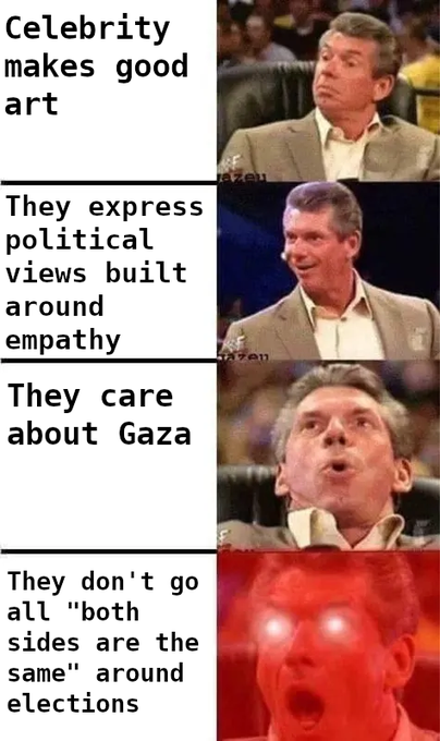 A four-panel reaction meme featuring Vince McMahon with escalating expressions, paired with text praising celebrities for good art, political empathy, caring about Gaza, and avoiding 'both sides' election takes.
