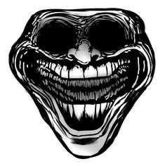Black and white stylized illustration of a grinning face with exaggerated sharp teeth and hollow eyes, reminiscent of the Trollface meme.