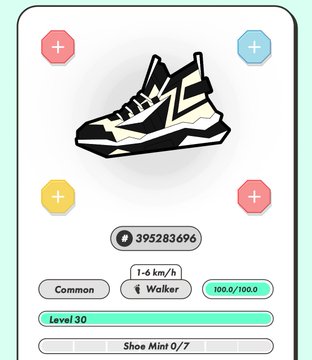 A screenshot from the STEPN app displays a black sneaker NFT with ID 395283696, rated "Common," at Level 30 with a Walker classification and 100.0/100.0 condition, representing one of seven shoe mints. The image relates to the post about a recent preference shift from running shoes to soccer, hinting that the user may be considering different sneaker types or activity modes in the move-to-earn game.