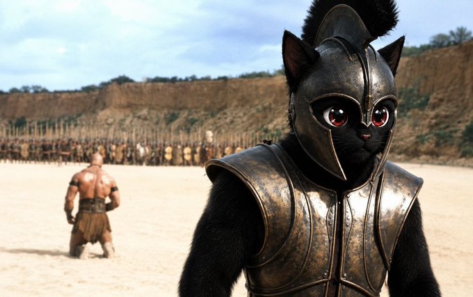 A cinematic CGI scene featuring a black cat wearing bronze-toned gladiator armor and a helmet with a plume, standing in an arena with a muscular gladiator and a crowd in the background.
