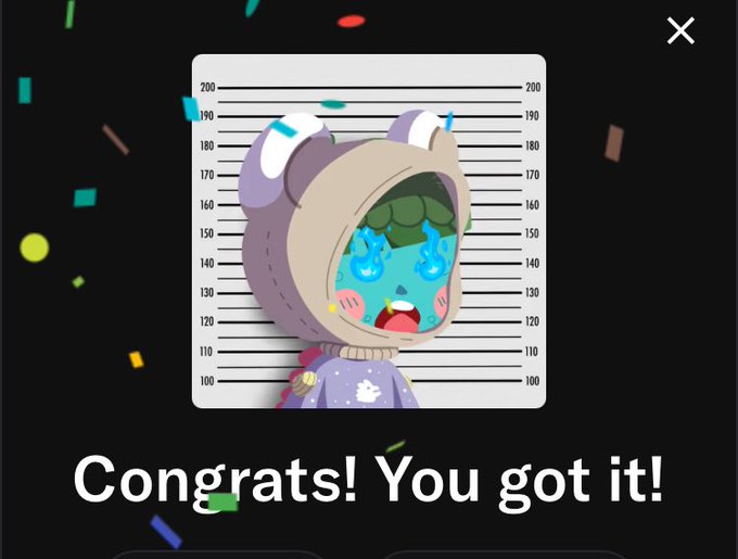 An animated character wearing a bear hoodie cries blue tears in a mugshot-style frame, with the text 'Congrats! You got it!' displayed below amid falling confetti.