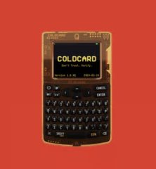 A COLDCARD hardware wallet is shown on a red background, with “COLDCARD” and “Bitcoin only” visible on its screen. The image illustrates the wallet brand linked to the reported third wave of exploits and stolen funds transferred to Ethereum via THORChain or coinjoins.