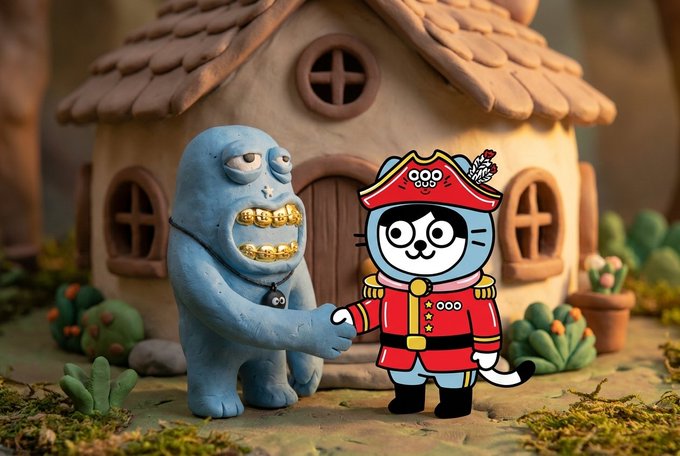 A claymation-style scene featuring a blue monster with gold teeth shaking hands with a cat character dressed as a pirate captain in front of a small house.