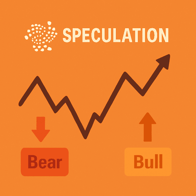 An orange graphic illustration titled 'SPECULATION' depicting a stock chart trend line with arrows pointing to 'Bear' (down) and 'Bull' (up) market labels.